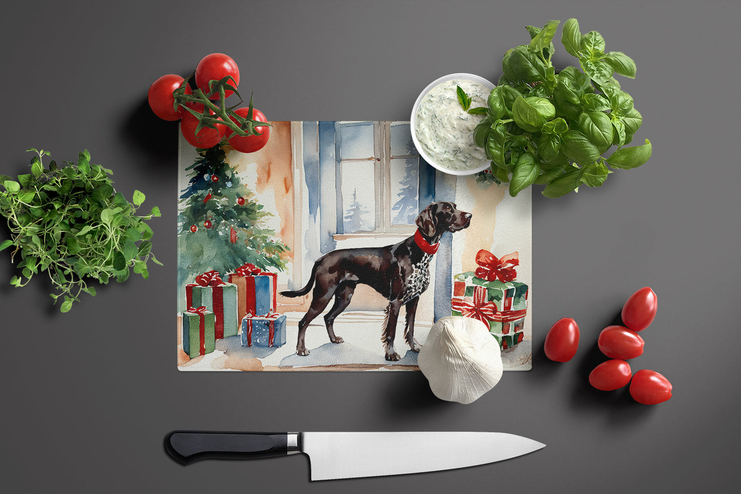 German Shorthaired Pointer Cozy Christmas Glass Cutting Board