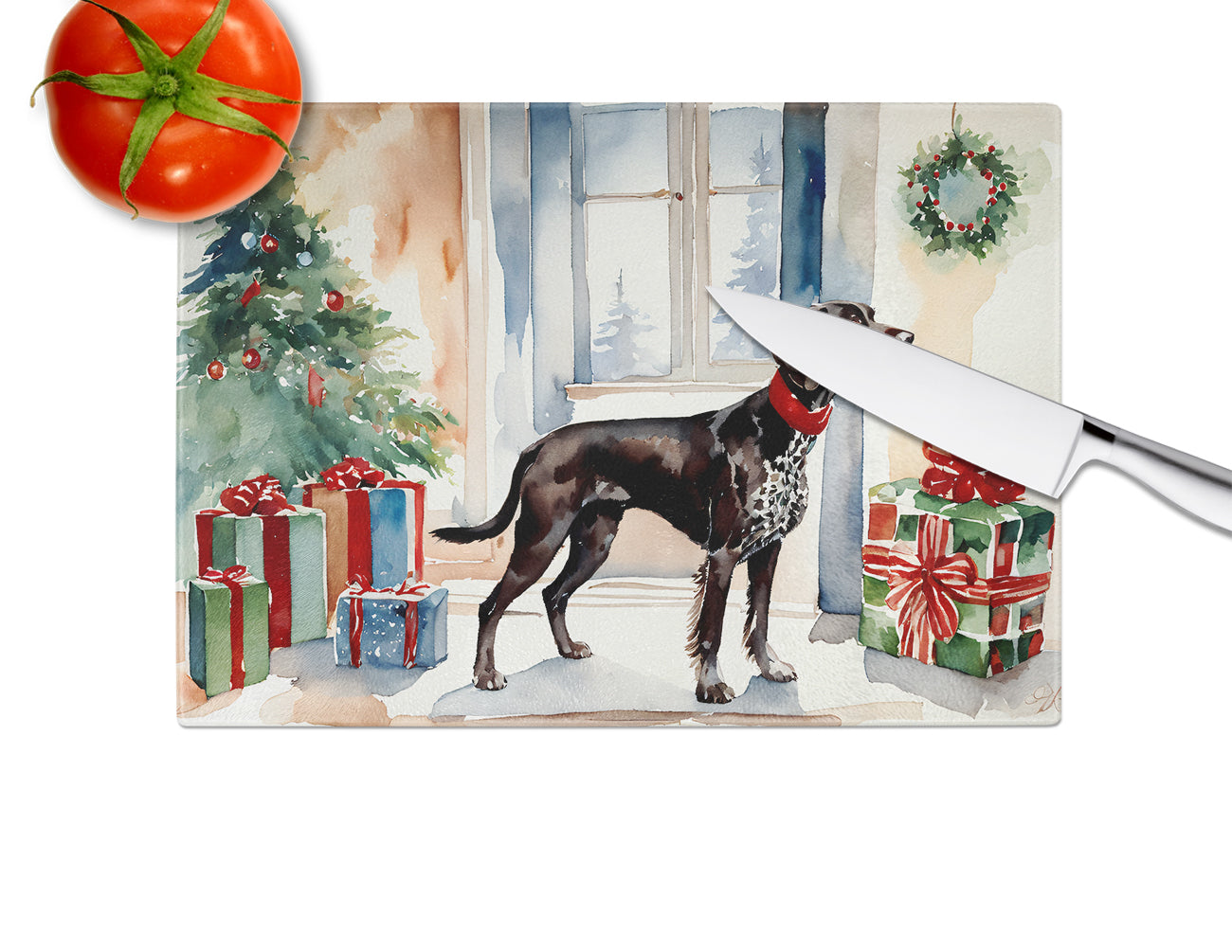 German Shorthaired Pointer Cozy Christmas Glass Cutting Board