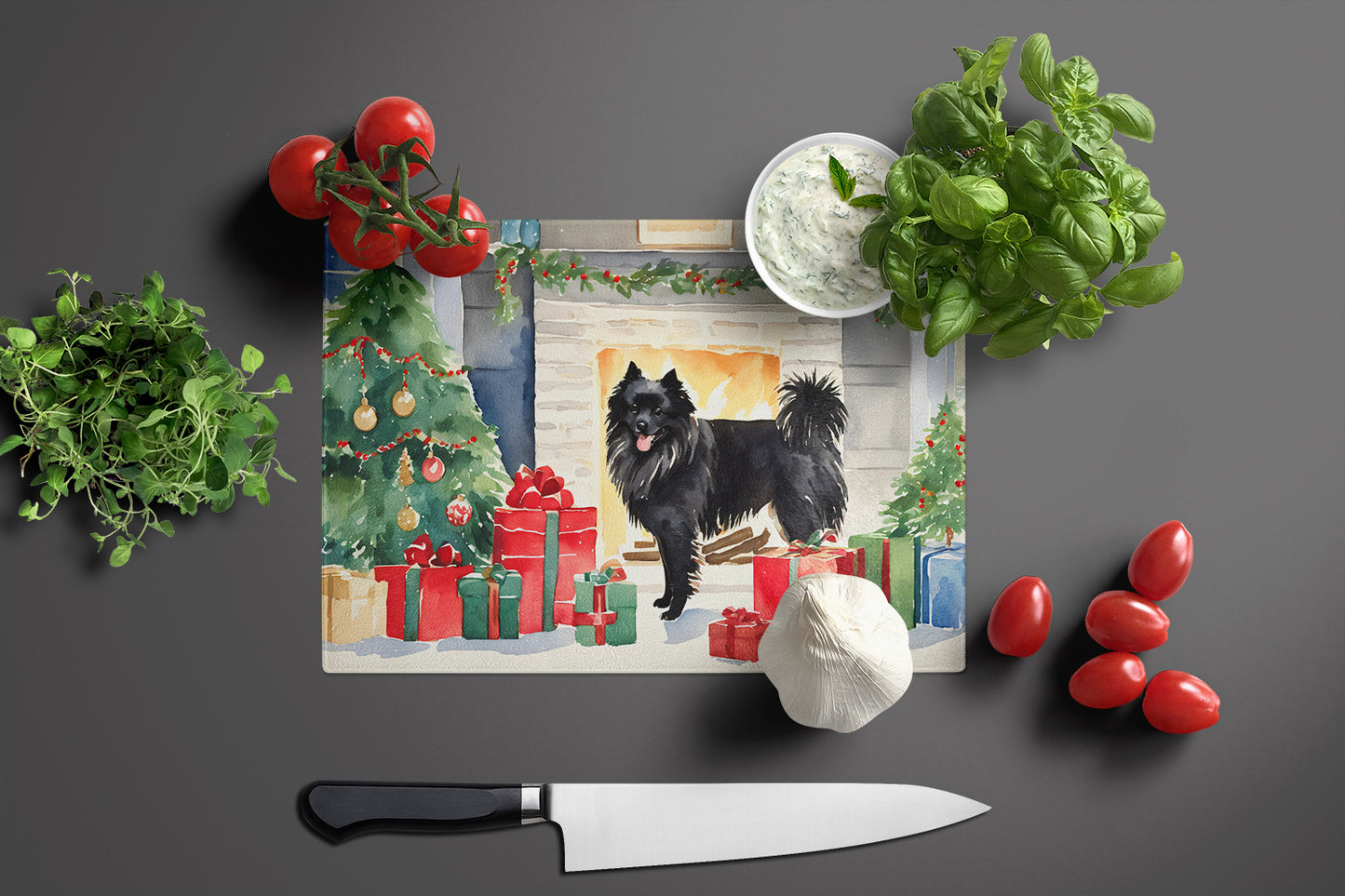 German Spitz Cozy Christmas Glass Cutting Board