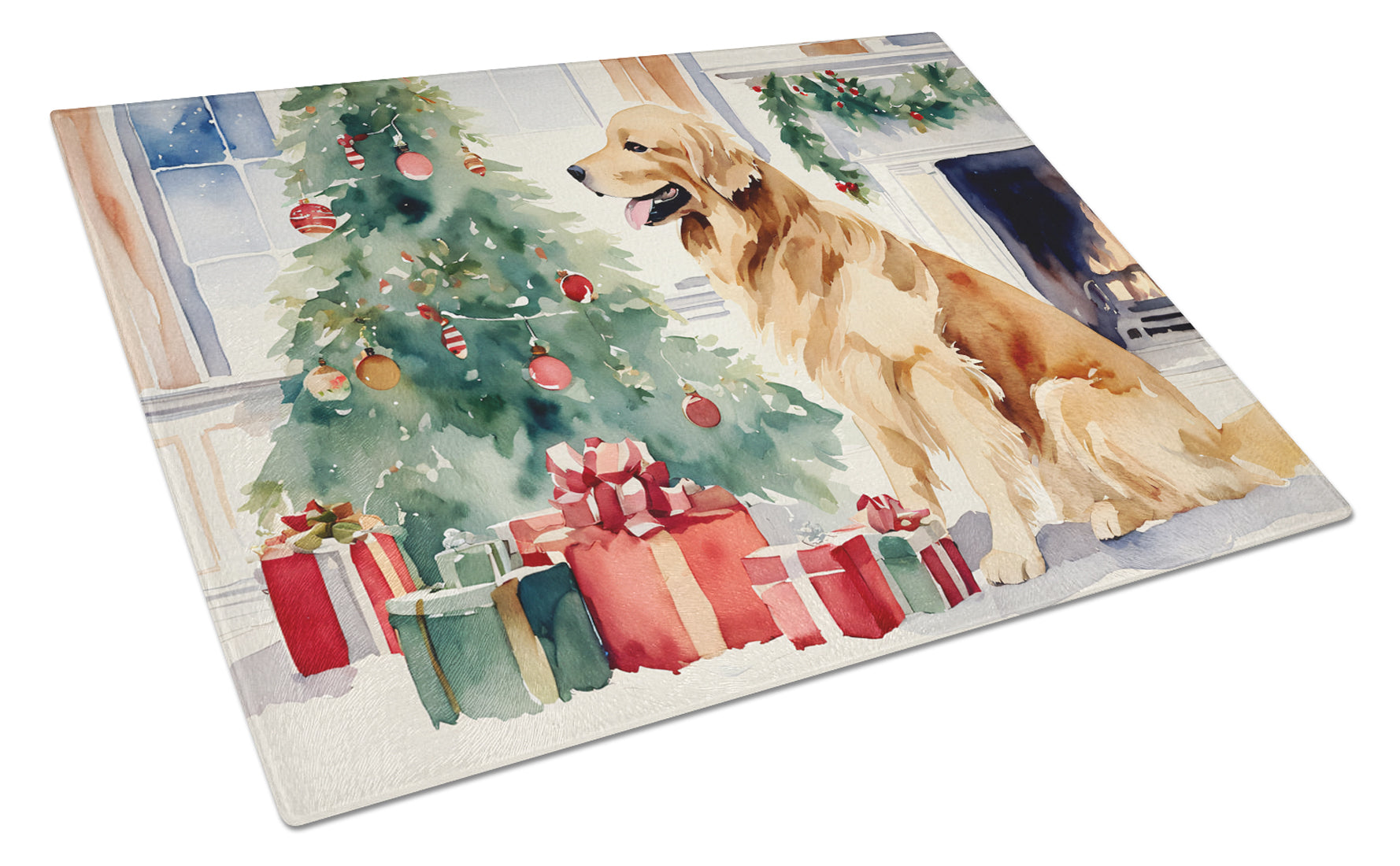 Buy this Golden Retriever Cozy Christmas Glass Cutting Board