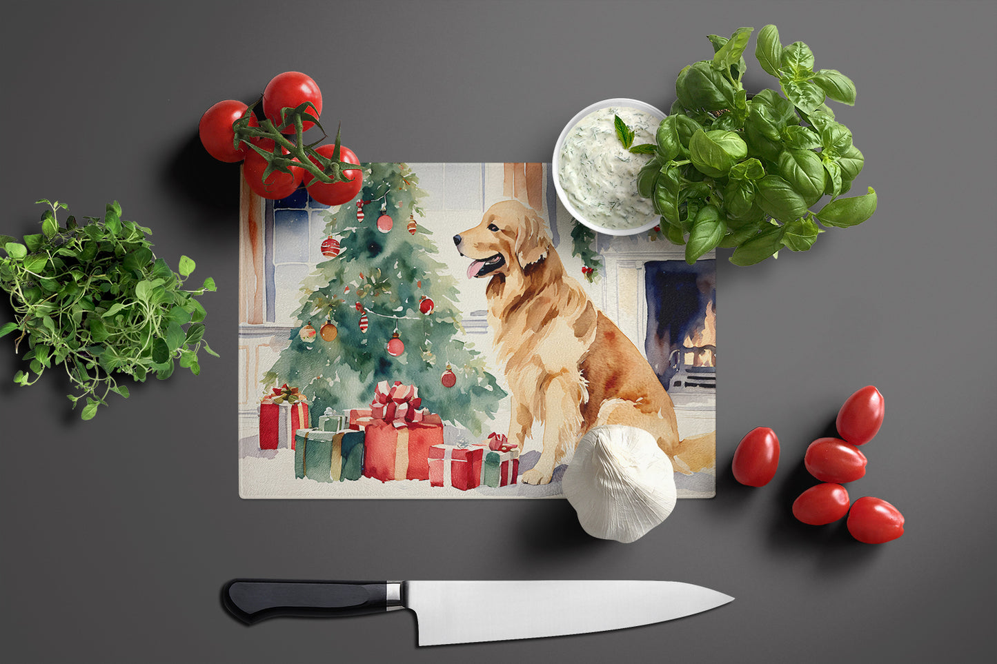 Golden Retriever Cozy Christmas Glass Cutting Board