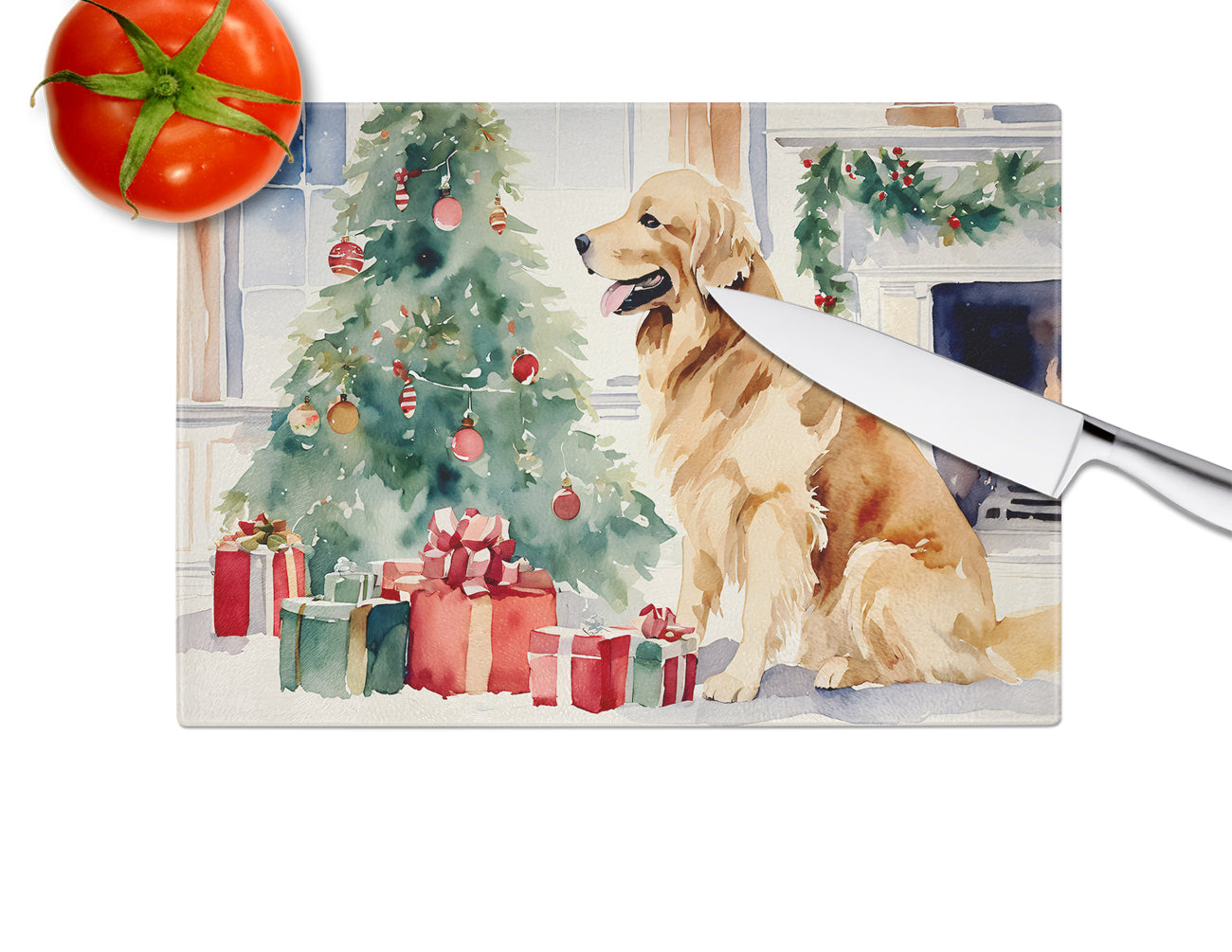 Golden Retriever Cozy Christmas Glass Cutting Board