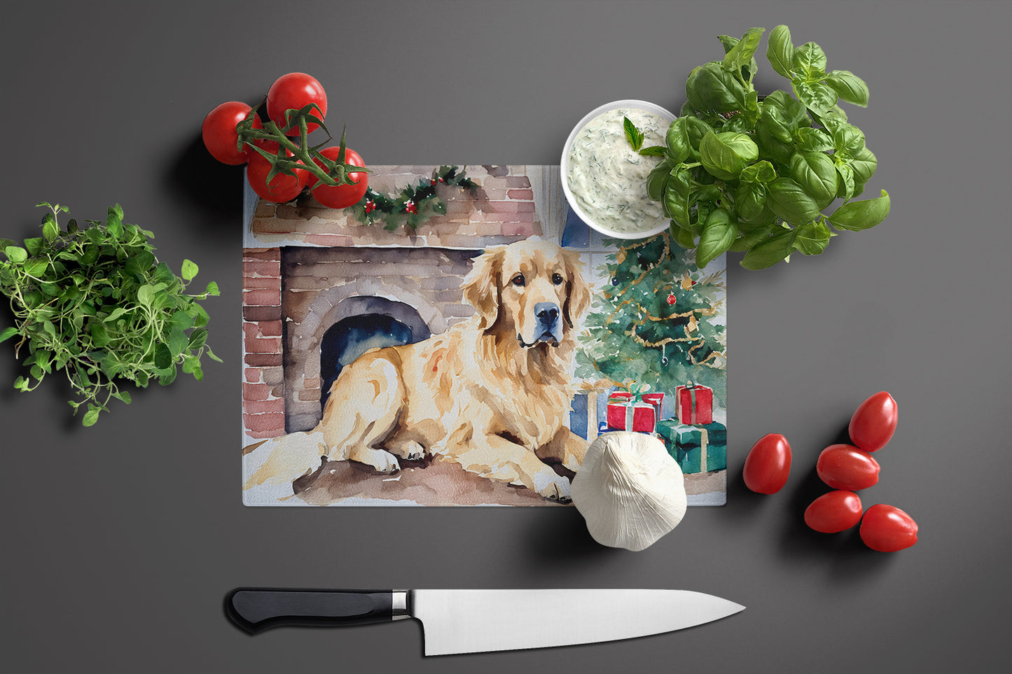 Golden Retriever Cozy Christmas Glass Cutting Board