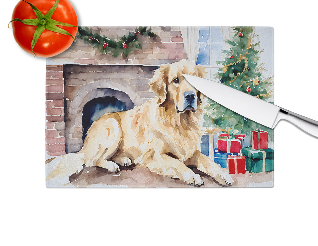 Golden Retriever Cozy Christmas Glass Cutting Board