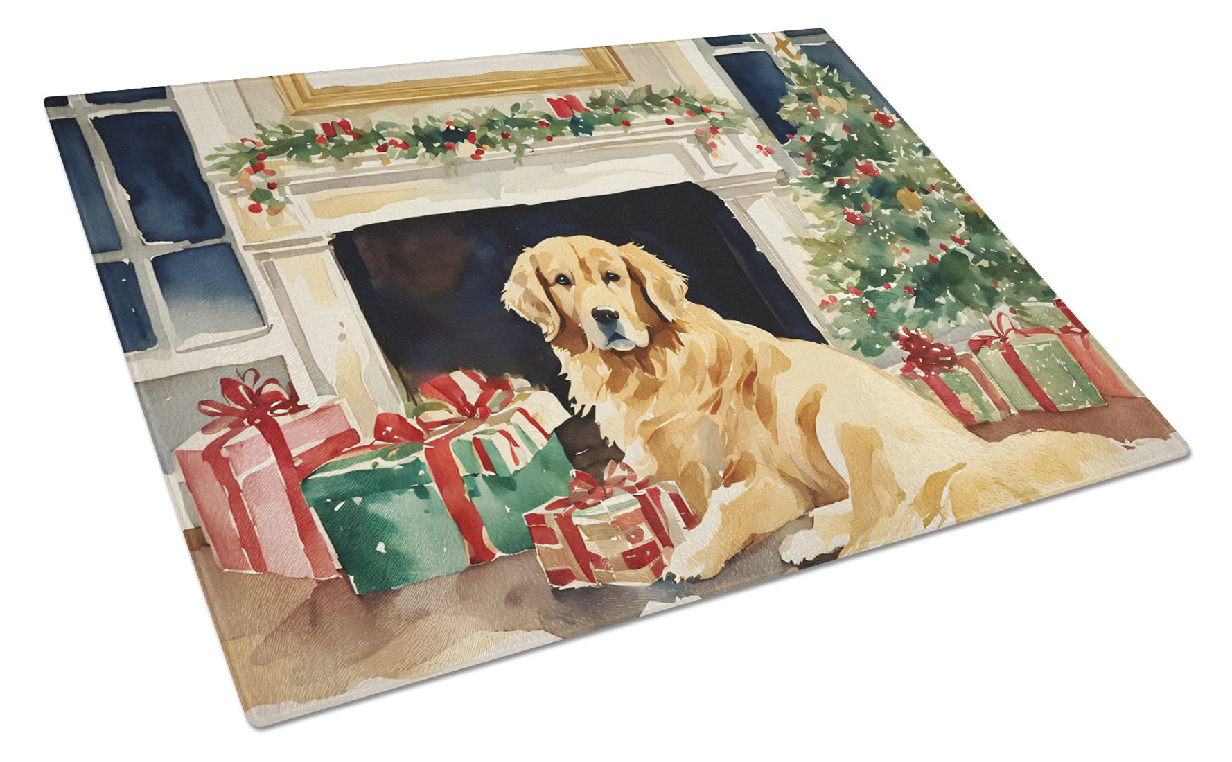 Buy this Golden Retriever Cozy Christmas Glass Cutting Board