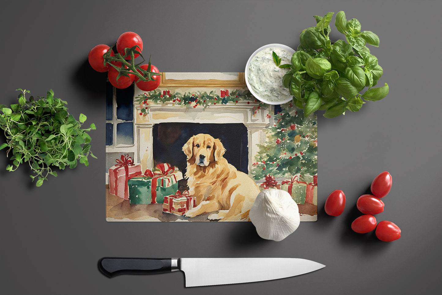 Golden Retriever Cozy Christmas Glass Cutting Board