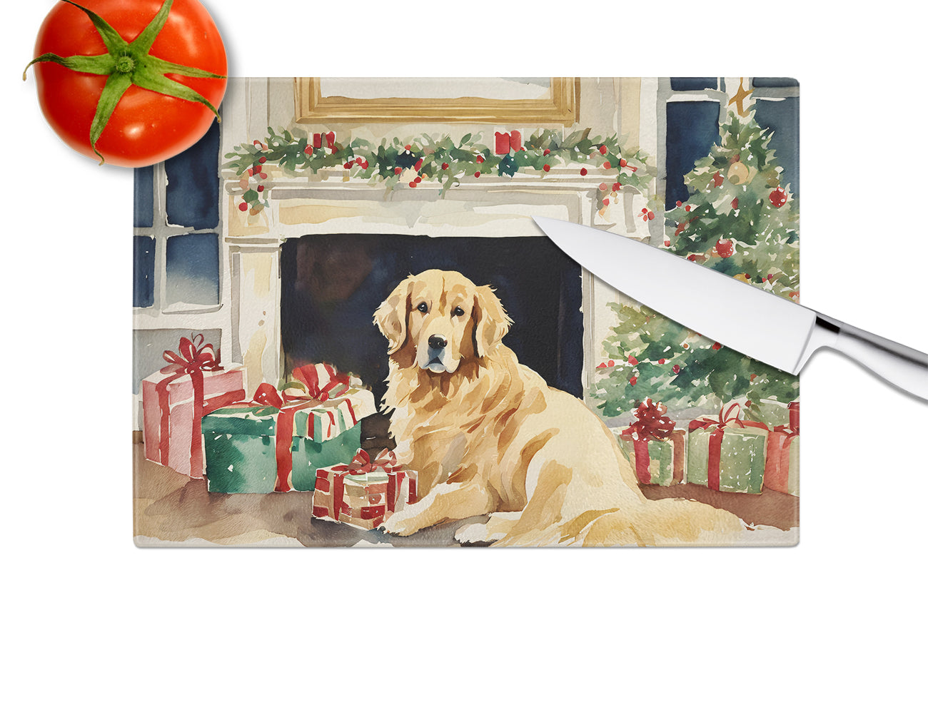 Golden Retriever Cozy Christmas Glass Cutting Board