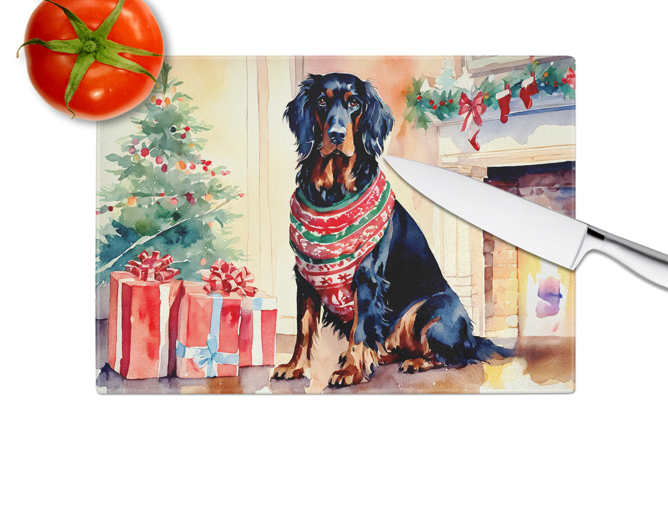 Gordon Setter Cozy Christmas Glass Cutting Board