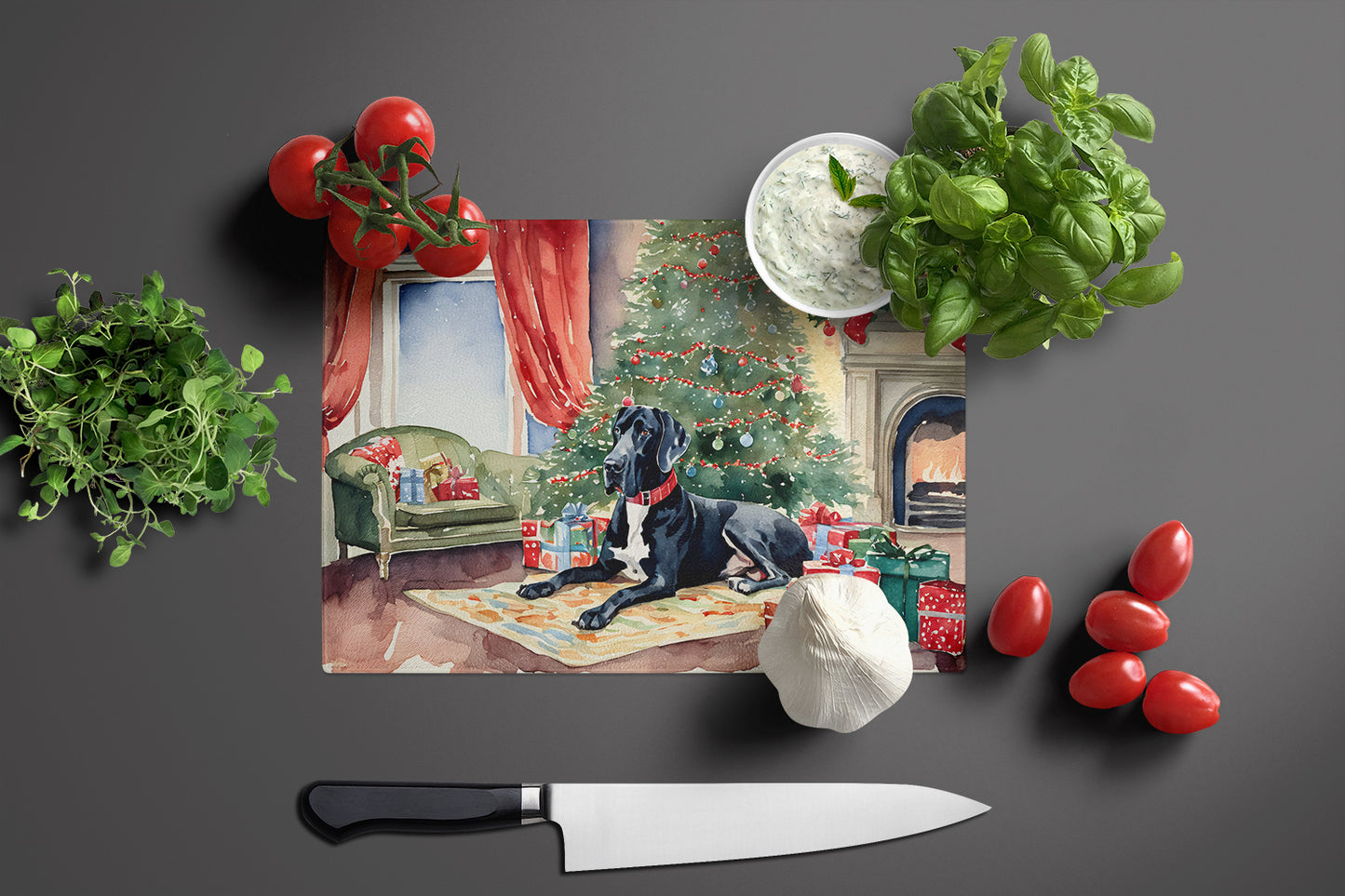 Great Dane Cozy Christmas Glass Cutting Board