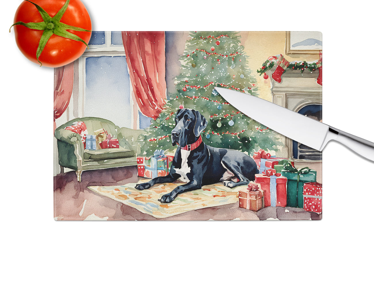 Great Dane Cozy Christmas Glass Cutting Board