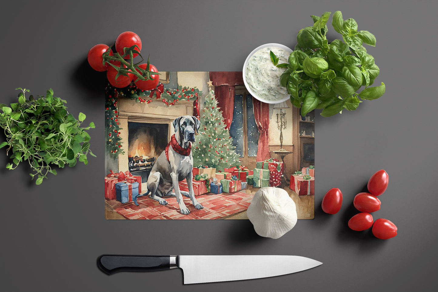 Great Dane Cozy Christmas Glass Cutting Board