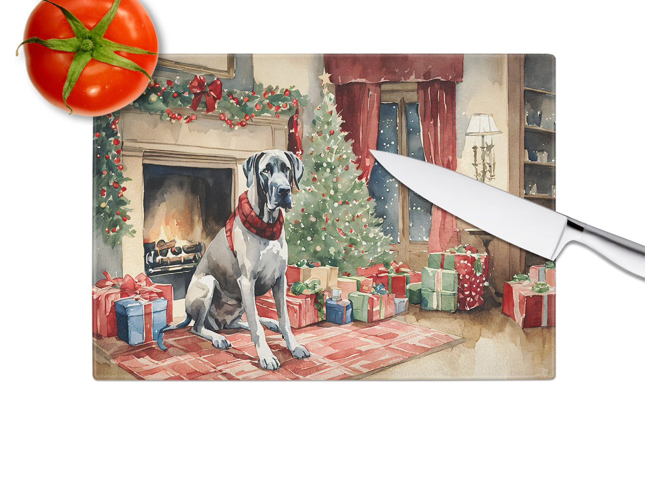 Great Dane Cozy Christmas Glass Cutting Board