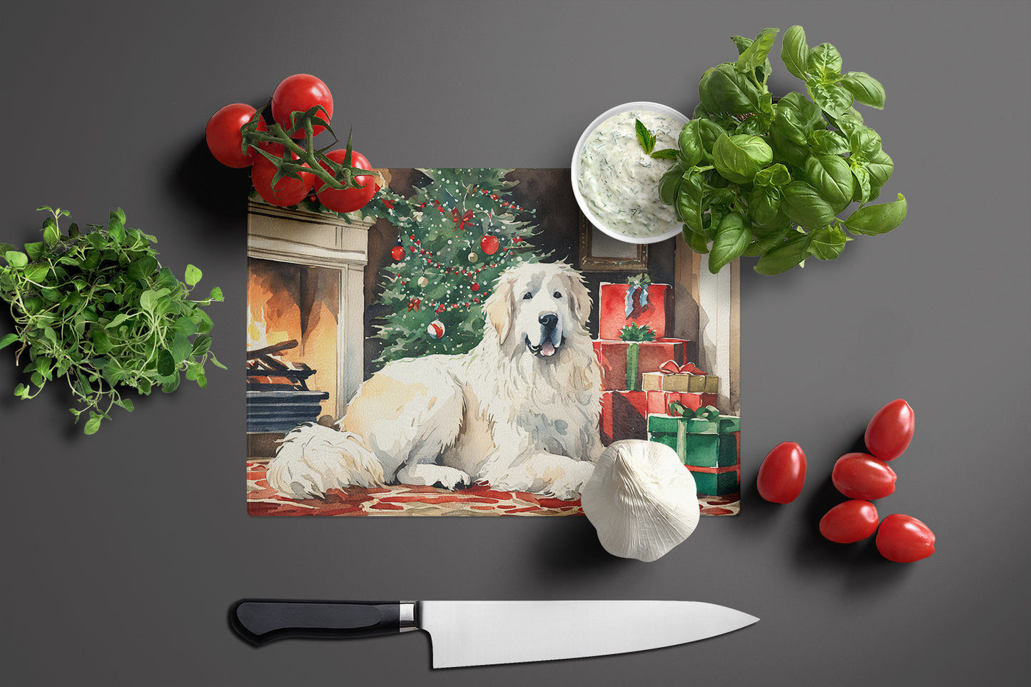 Great Pyrenees Cozy Christmas Glass Cutting Board