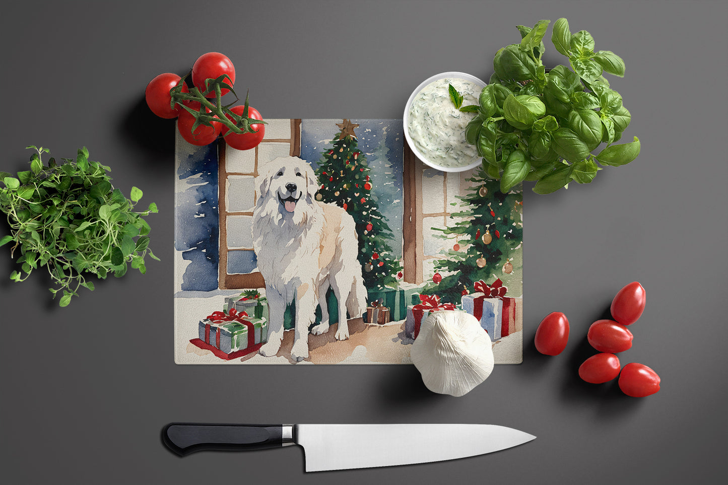 Great Pyrenees Cozy Christmas Glass Cutting Board