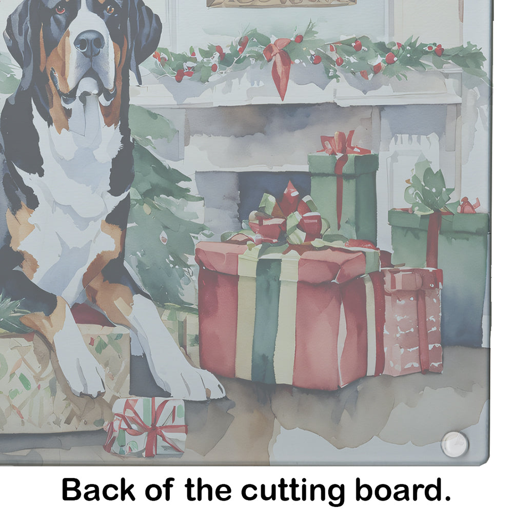 Greater Swiss Mountain Dog Cozy Christmas Glass Cutting Board