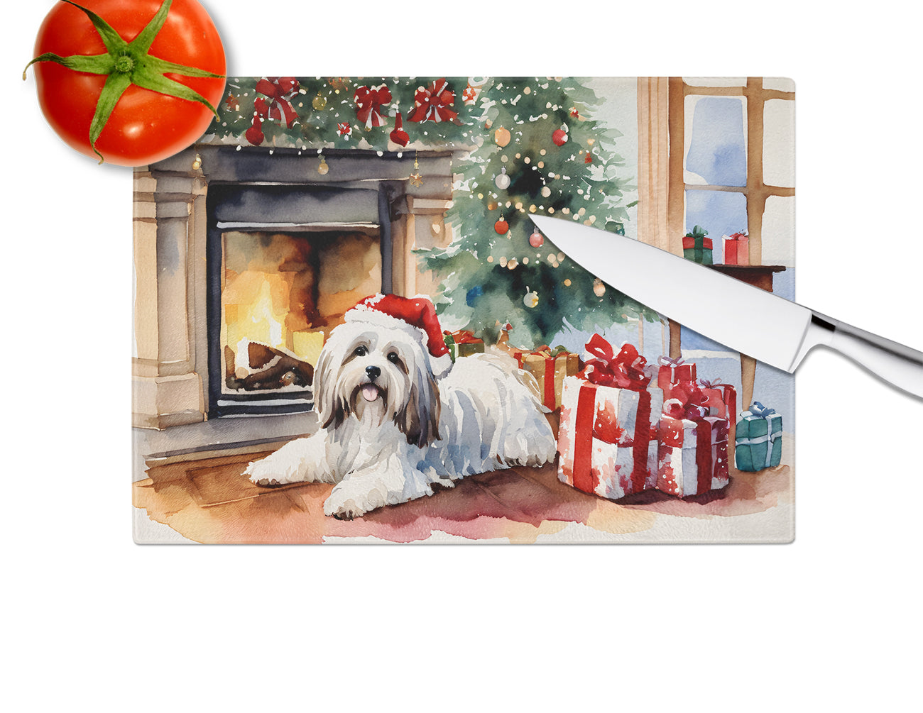 Havanese Cozy Christmas Glass Cutting Board