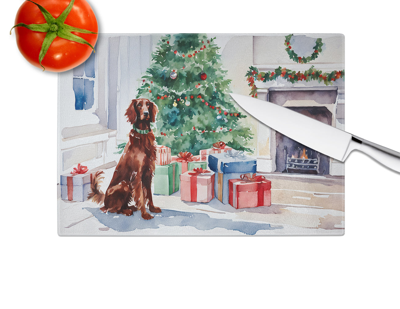 Irish Setter Cozy Christmas Glass Cutting Board