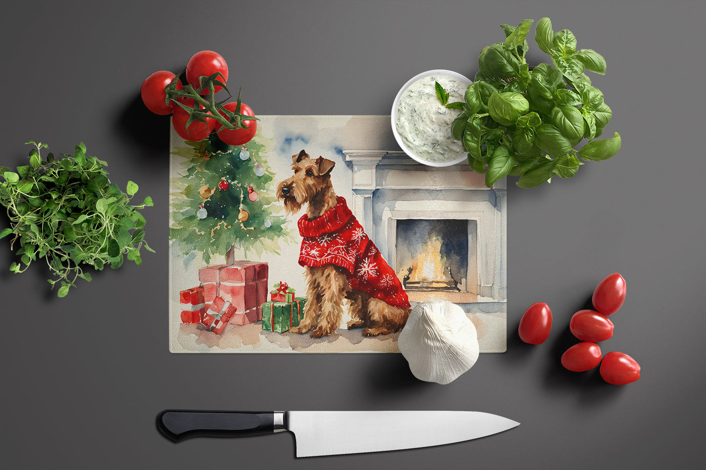 Irish Terrier Cozy Christmas Glass Cutting Board