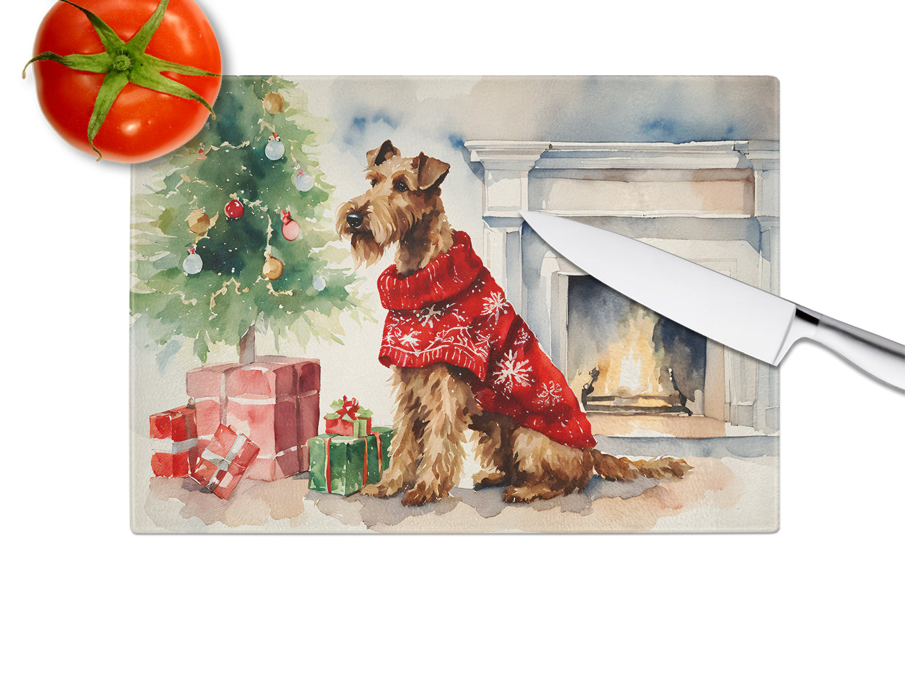 Irish Terrier Cozy Christmas Glass Cutting Board