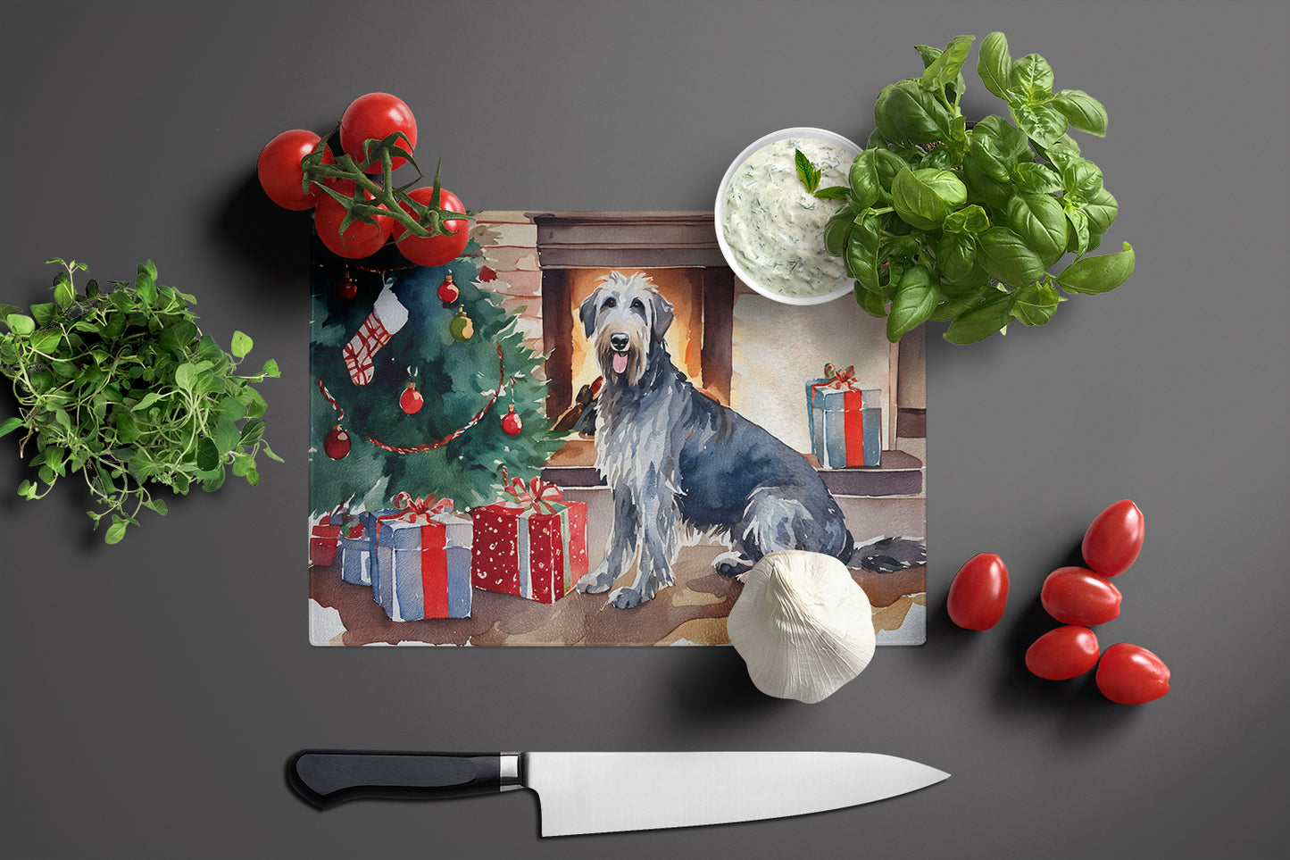 Irish Wolfhound Cozy Christmas Glass Cutting Board