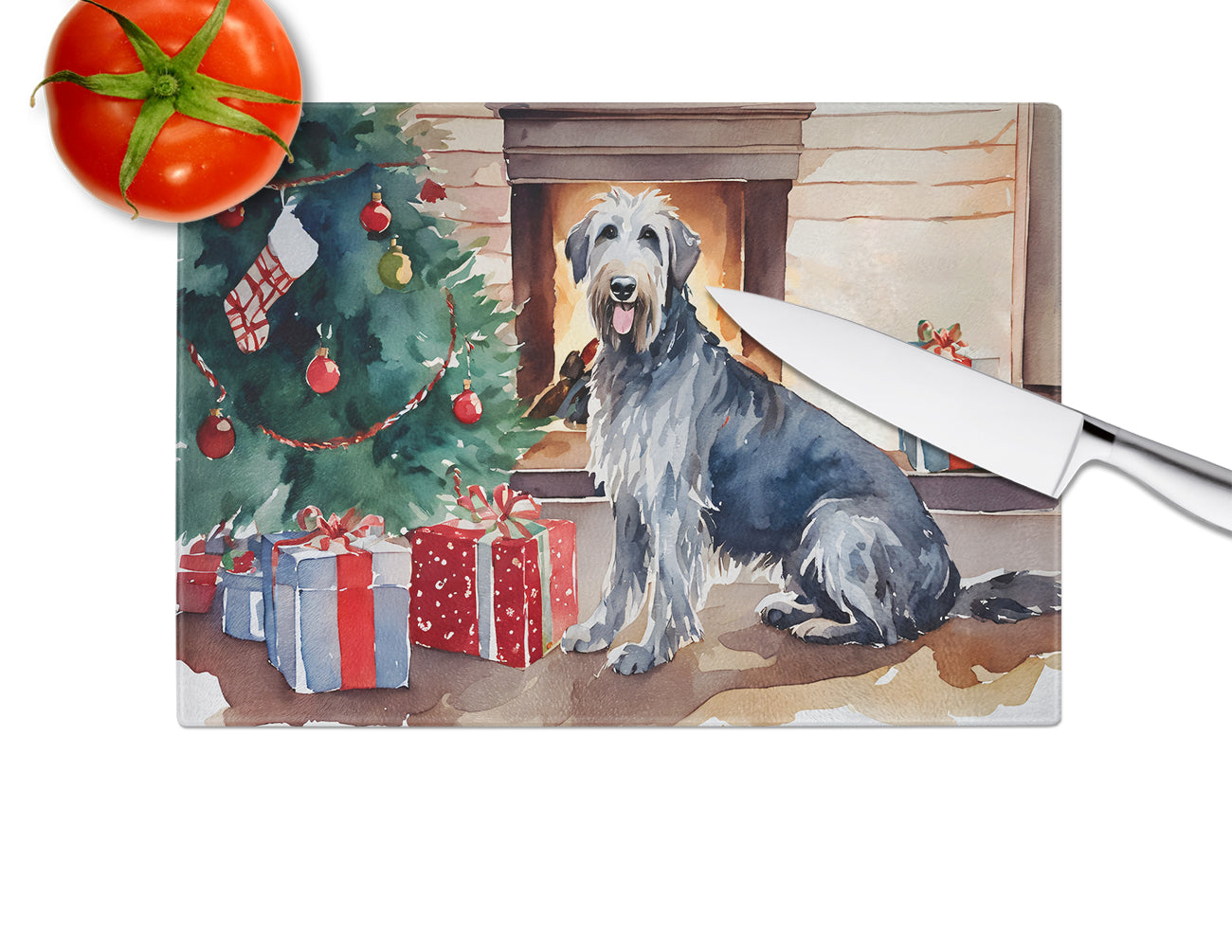 Irish Wolfhound Cozy Christmas Glass Cutting Board