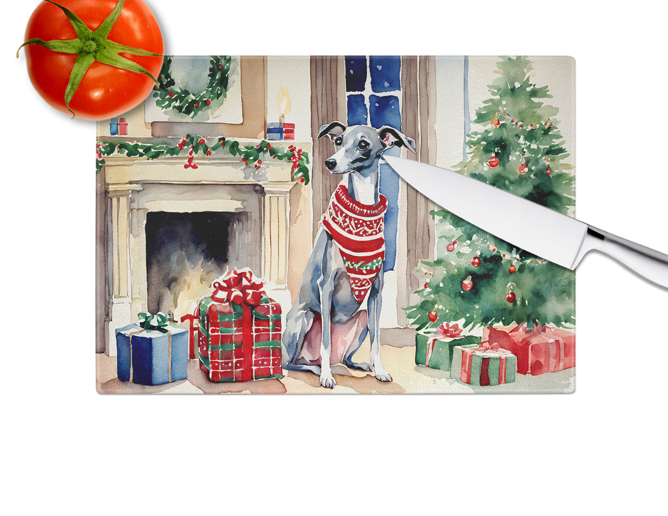 Italian Greyhound Cozy Christmas Glass Cutting Board