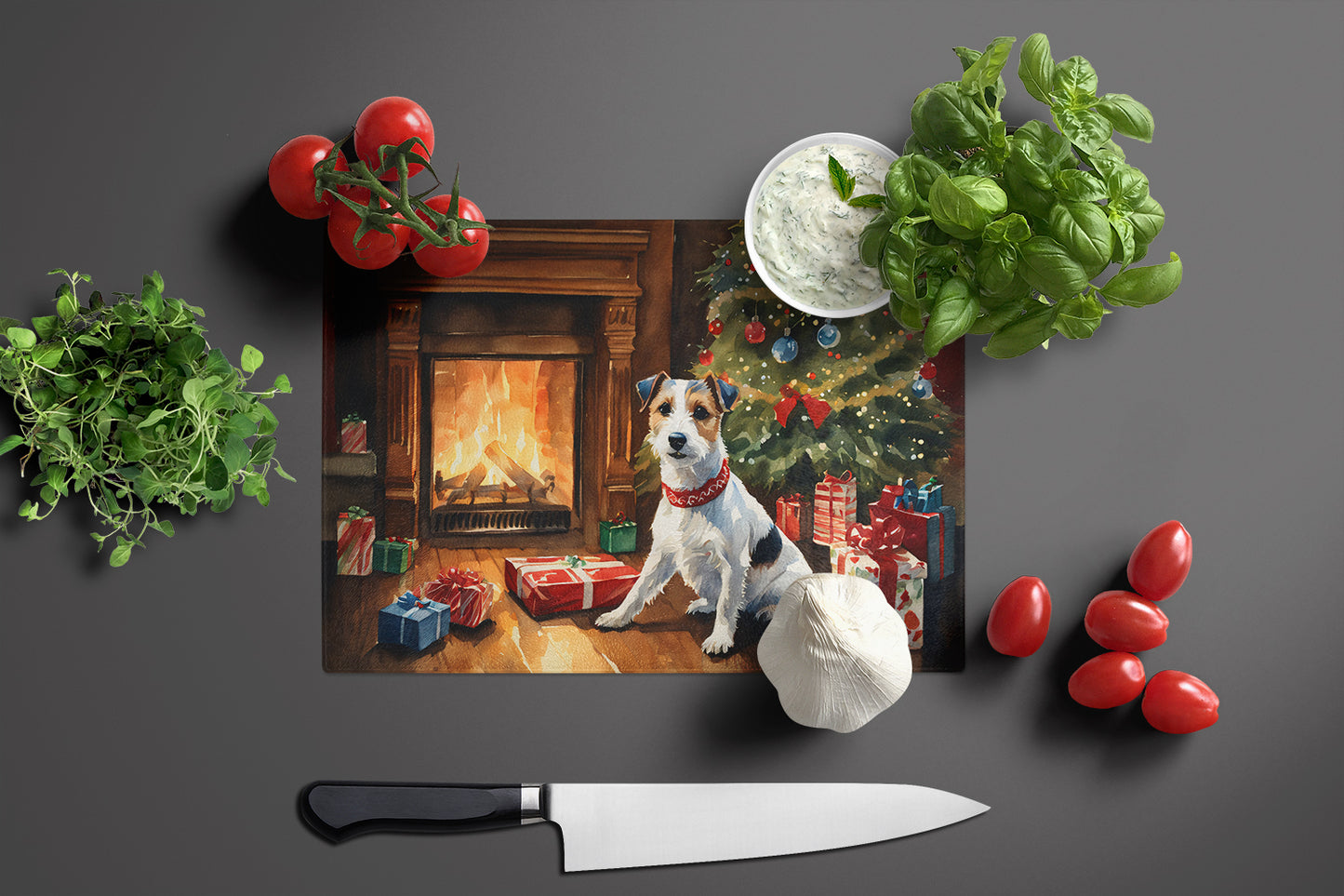 Jack Russell Terrier Cozy Christmas Glass Cutting Board