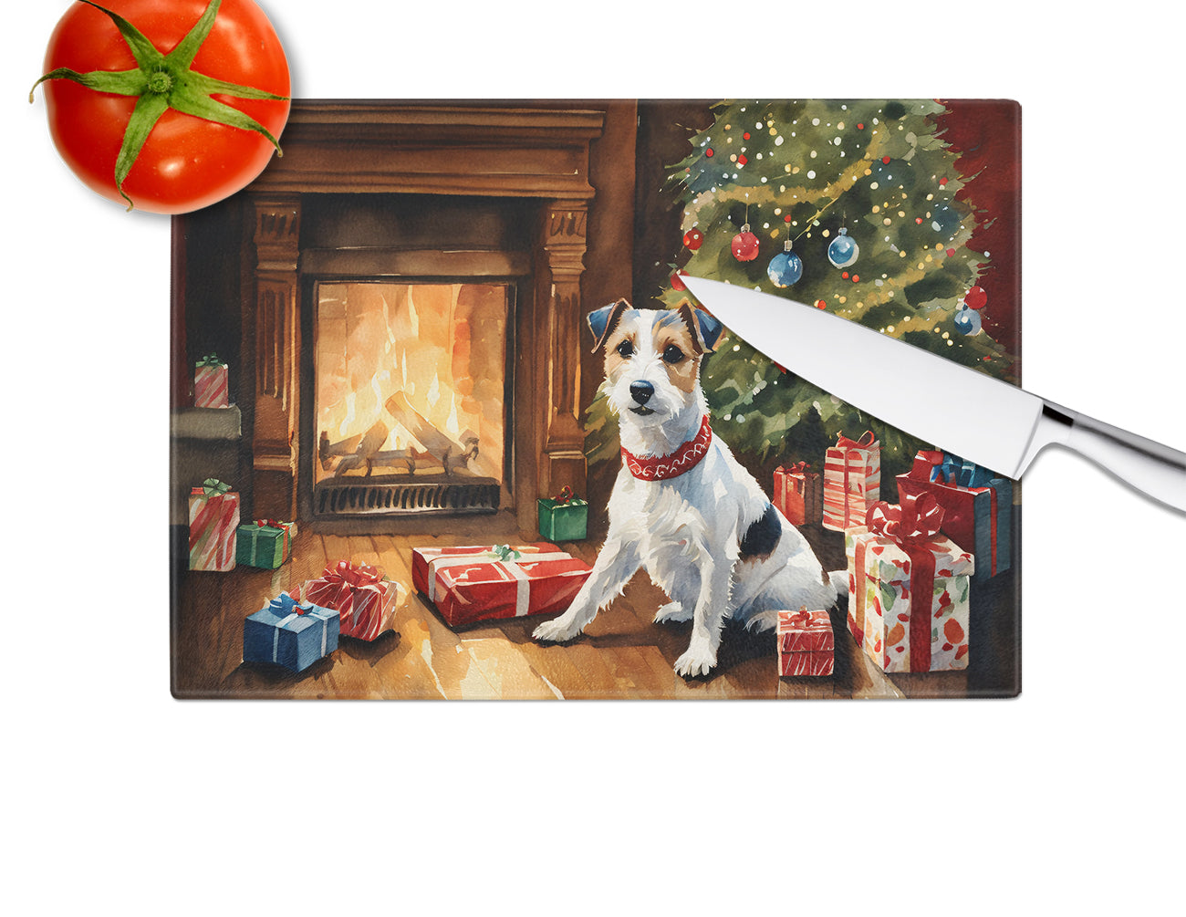 Jack Russell Terrier Cozy Christmas Glass Cutting Board