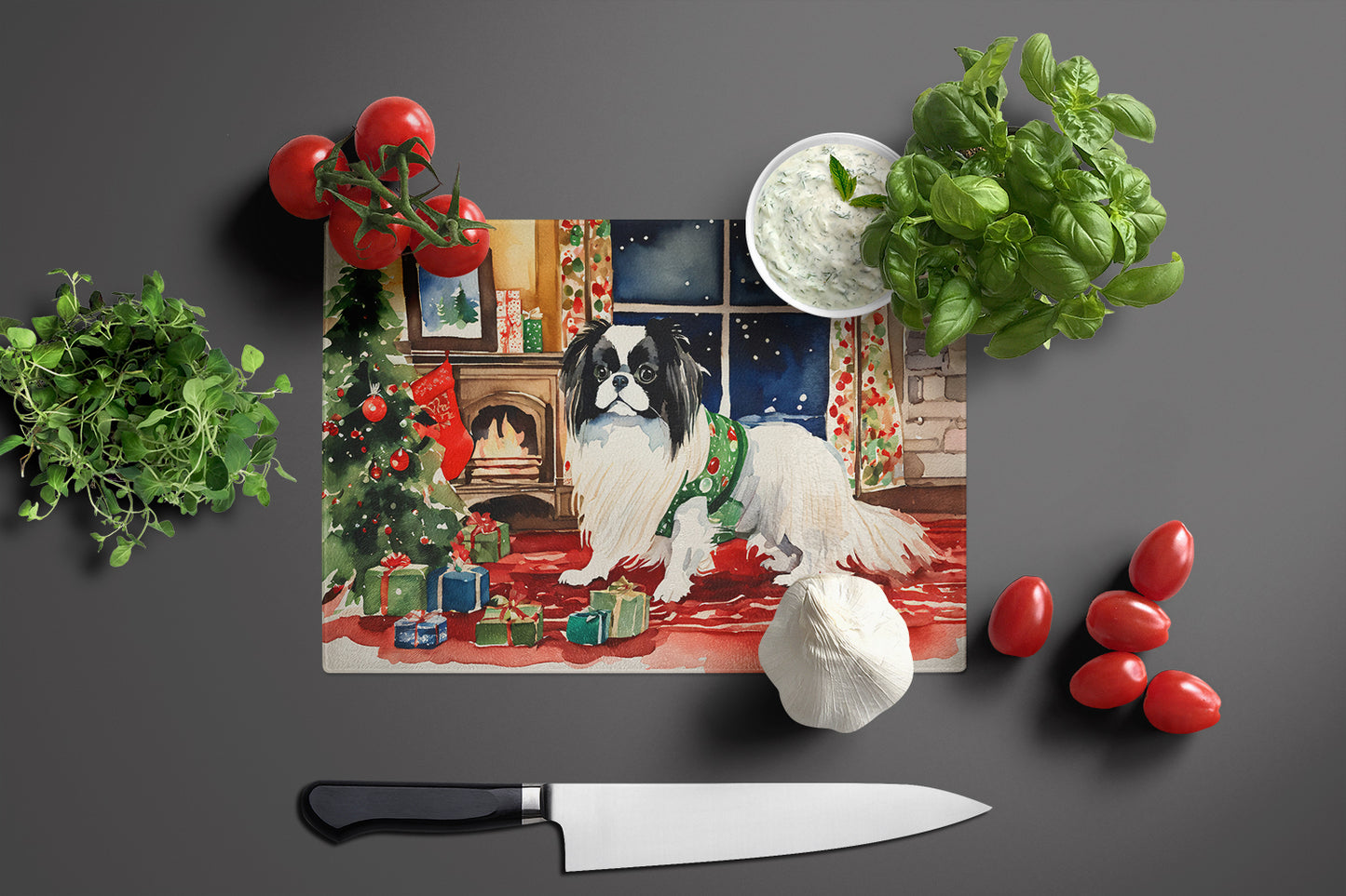 Japanese Chin Cozy Christmas Glass Cutting Board