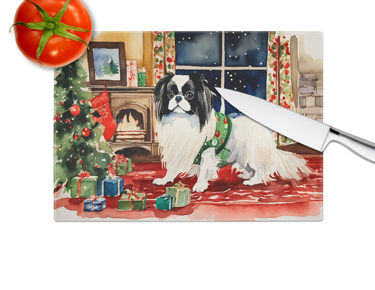 Japanese Chin Cozy Christmas Glass Cutting Board