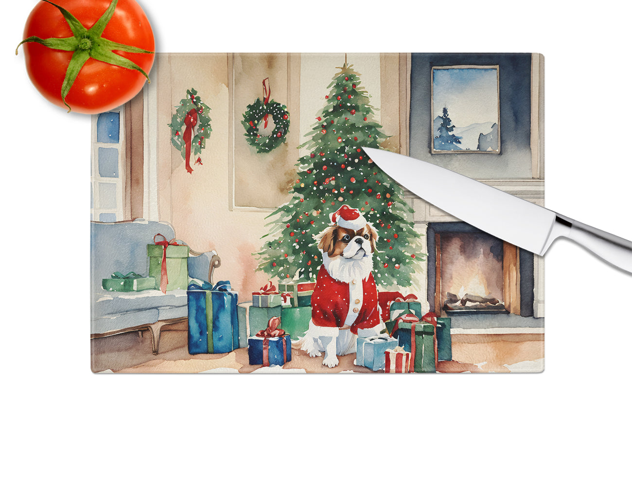 Japanese Chin Cozy Christmas Glass Cutting Board