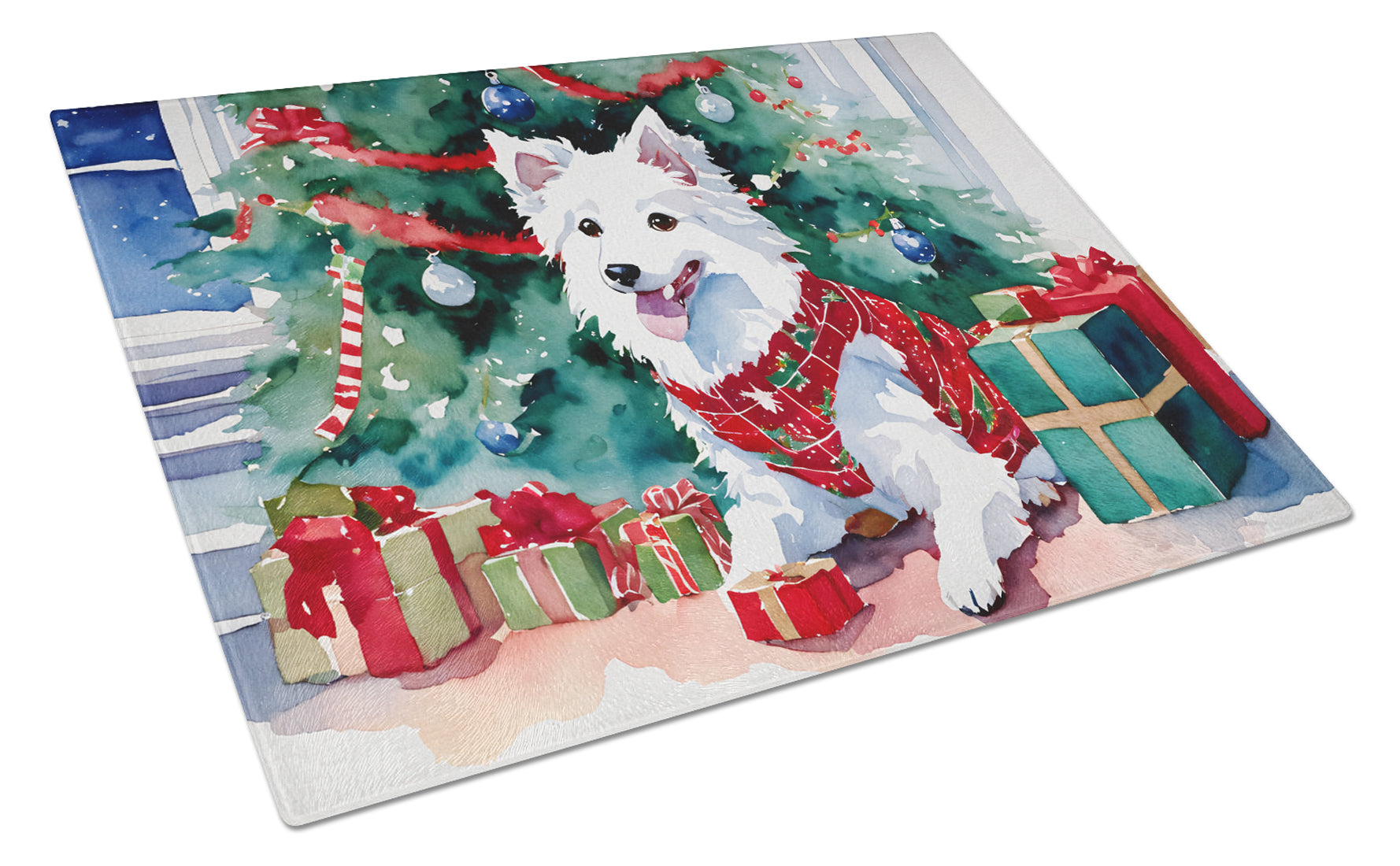 Buy this Japanese Spitz Cozy Christmas Glass Cutting Board