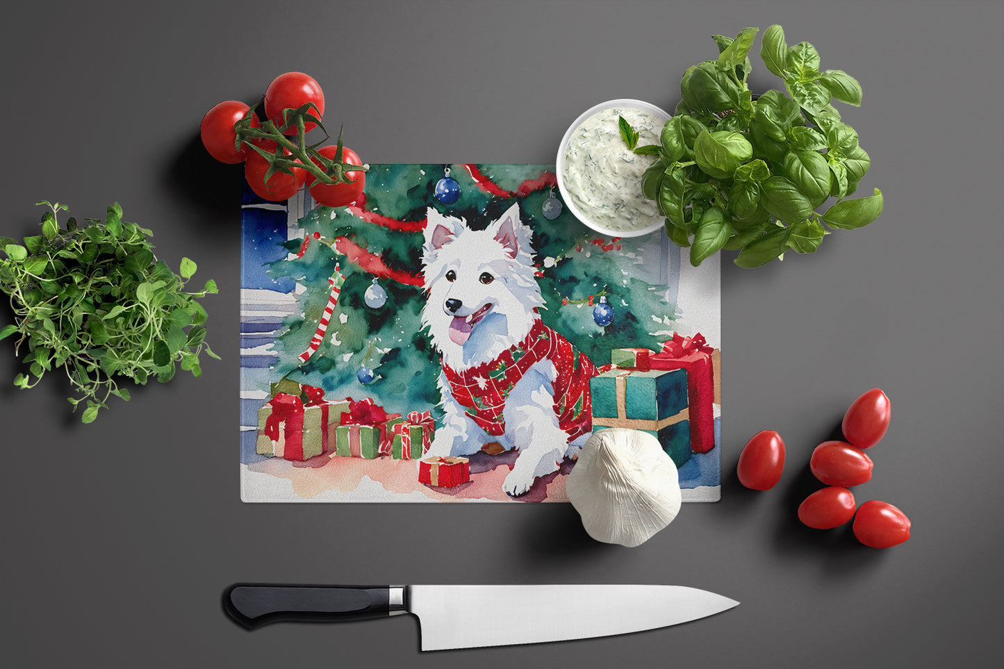 Japanese Spitz Cozy Christmas Glass Cutting Board