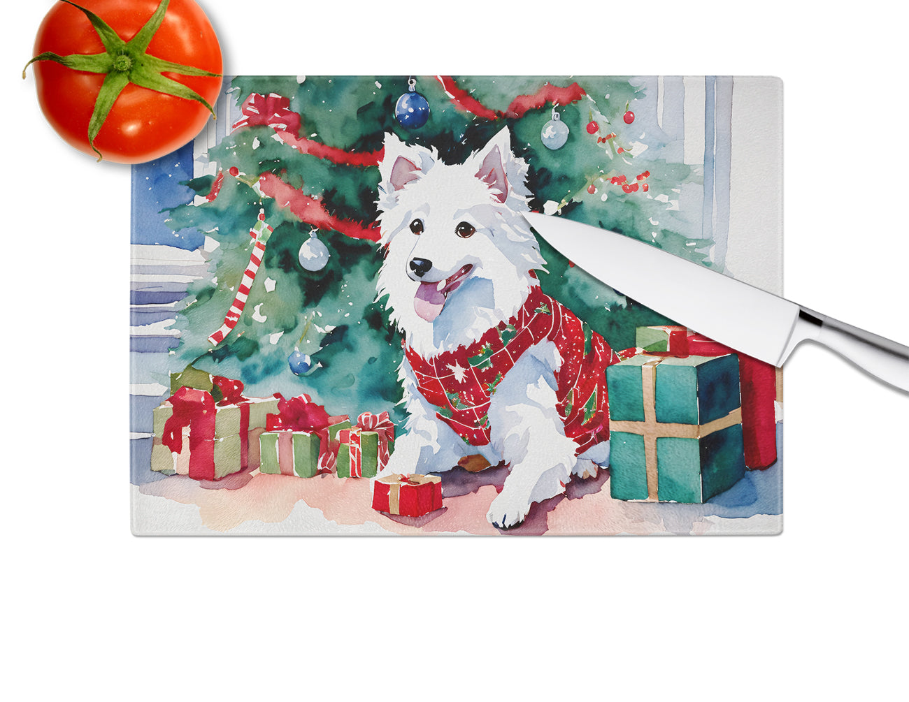 Japanese Spitz Cozy Christmas Glass Cutting Board