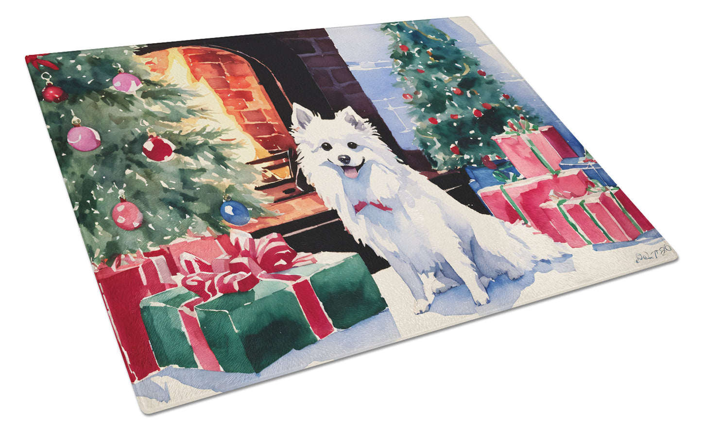 Buy this Japanese Spitz Cozy Christmas Glass Cutting Board