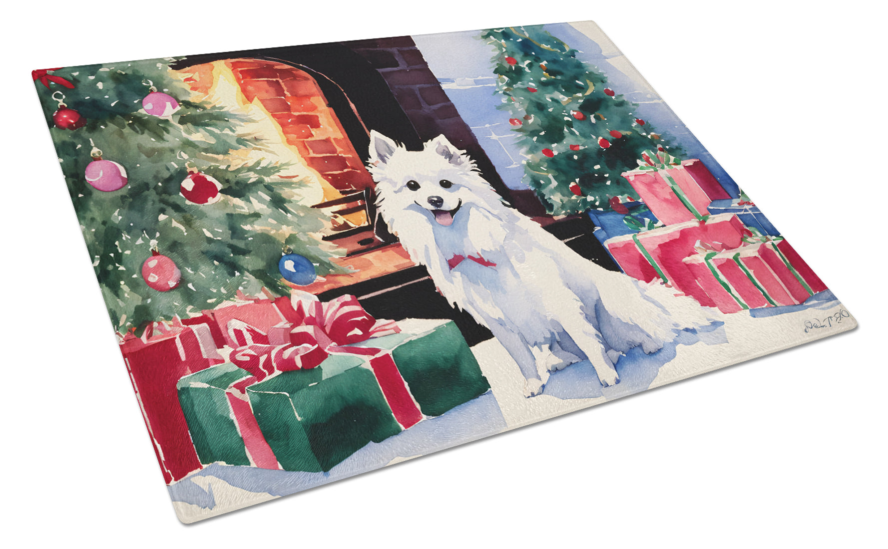 Buy this Japanese Spitz Cozy Christmas Glass Cutting Board