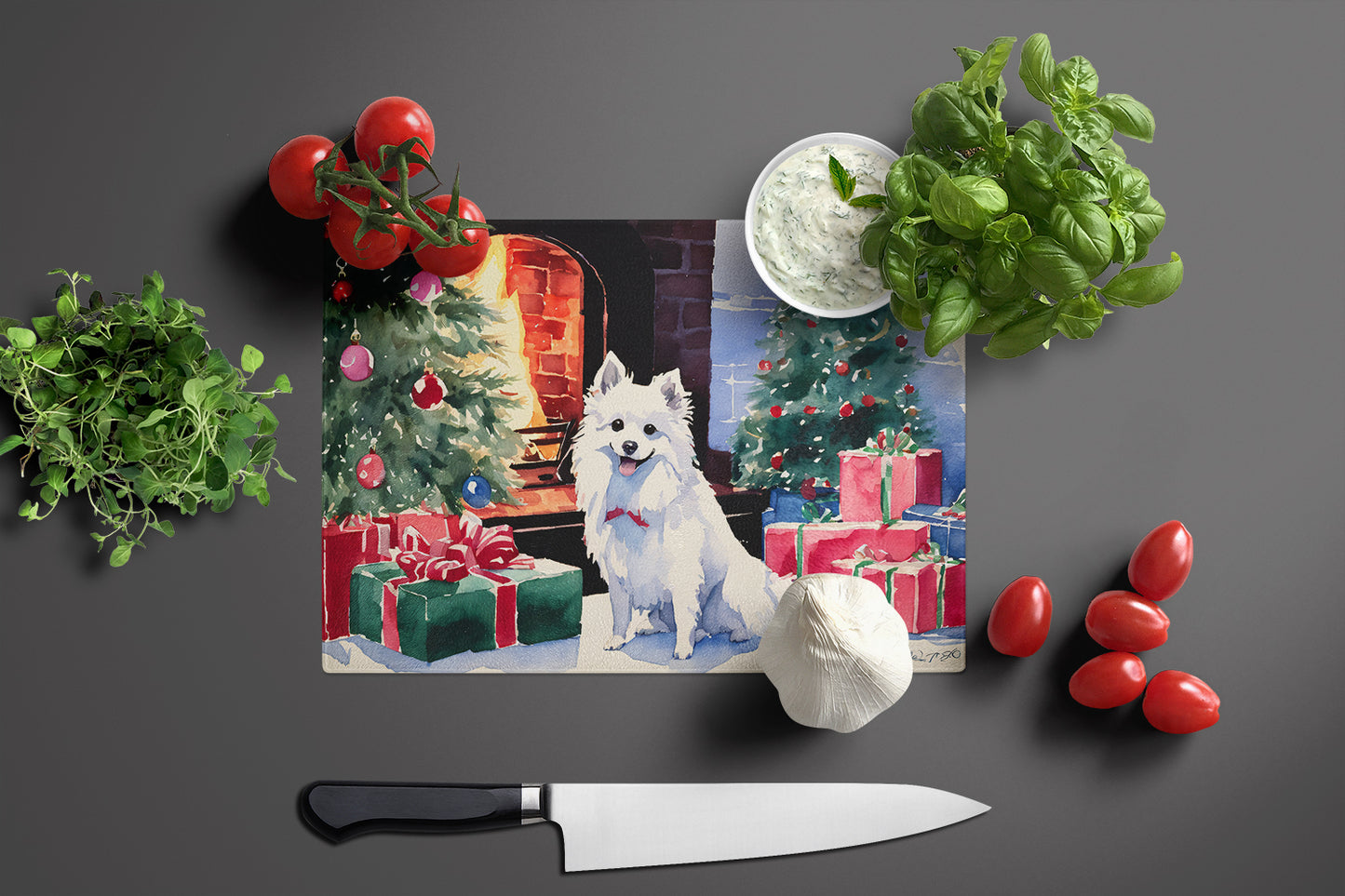 Japanese Spitz Cozy Christmas Glass Cutting Board