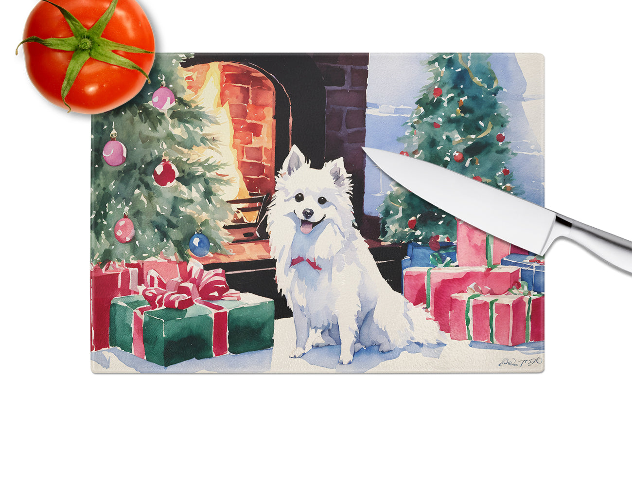 Japanese Spitz Cozy Christmas Glass Cutting Board