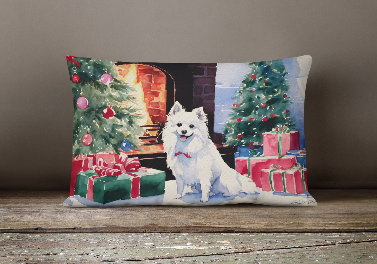 Japanese Spitz Cozy Christmas Throw Pillow