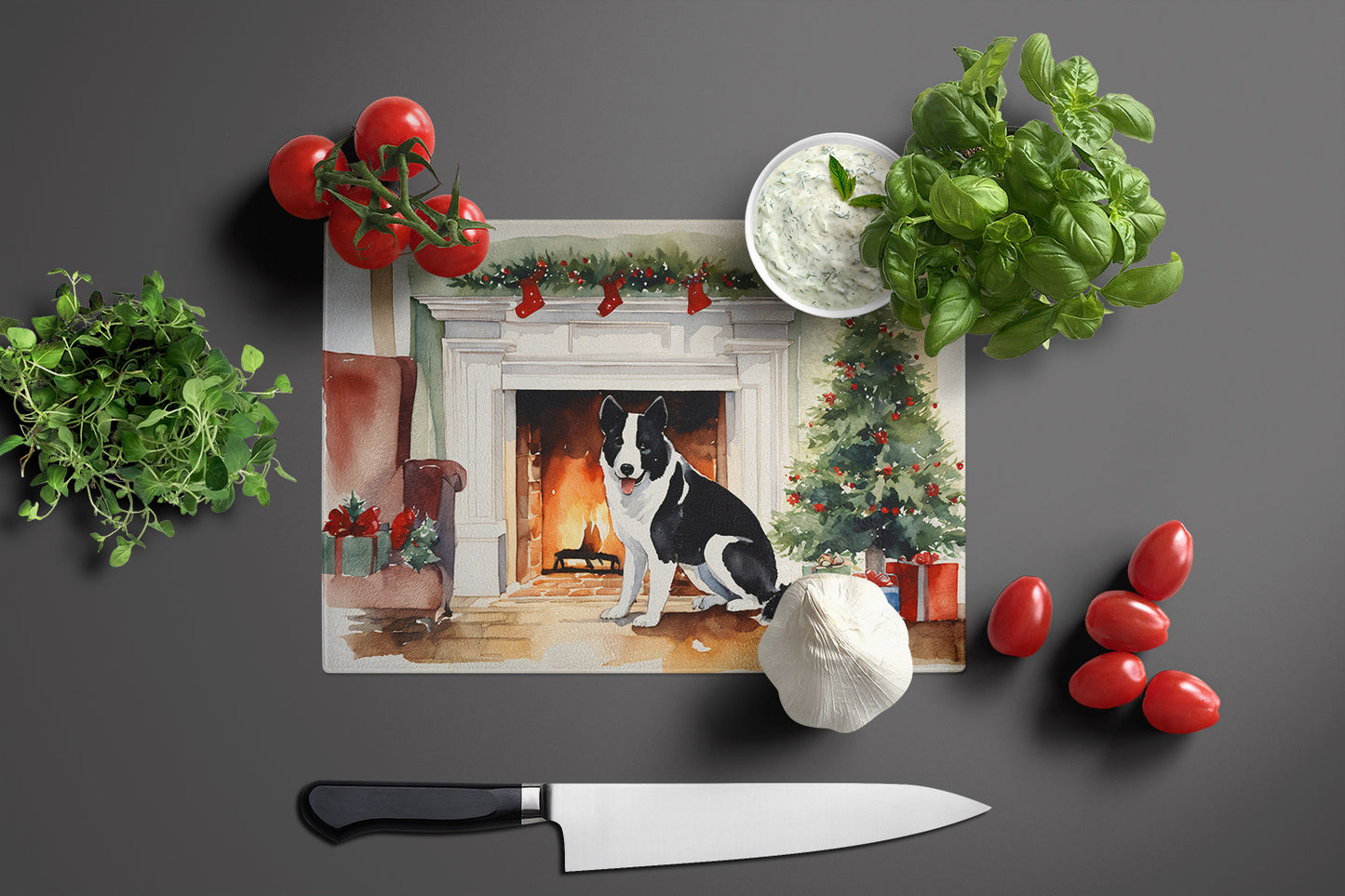 Karelian Bear Dog Cozy Christmas Glass Cutting Board