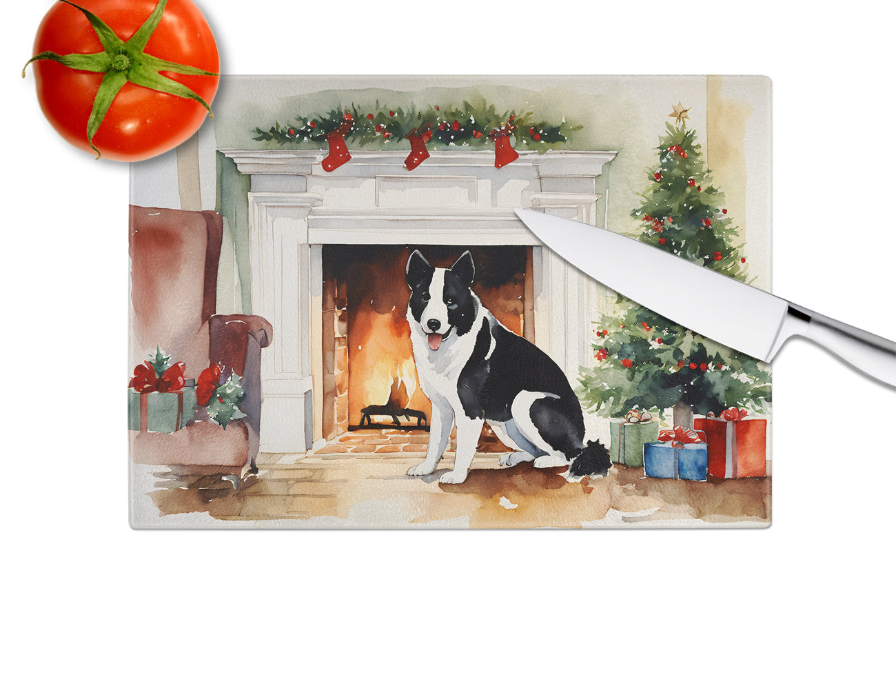 Karelian Bear Dog Cozy Christmas Glass Cutting Board