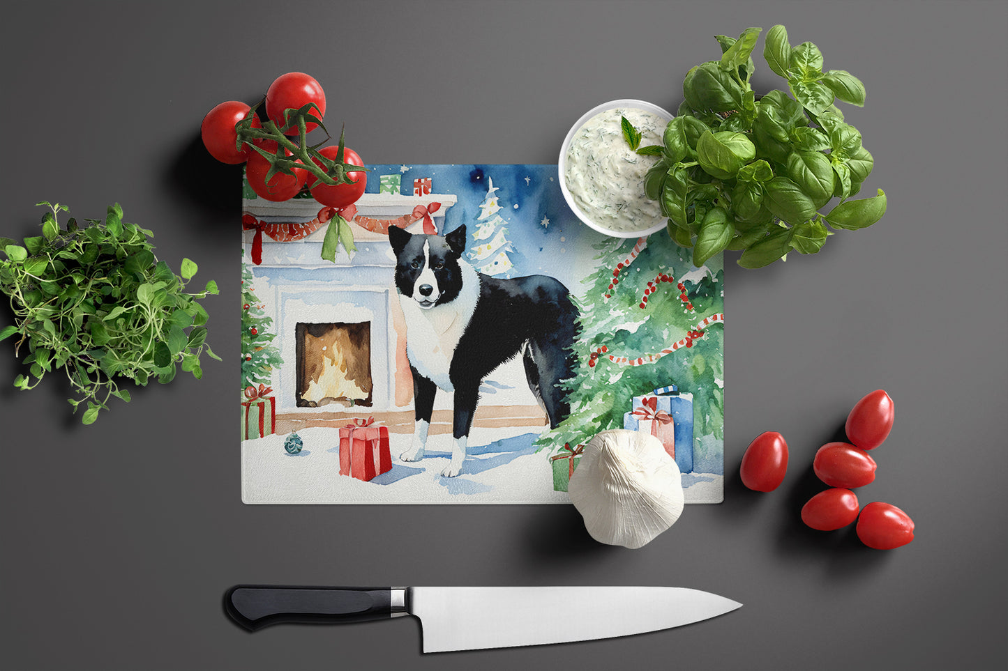 Karelian Bear Dog Cozy Christmas Glass Cutting Board