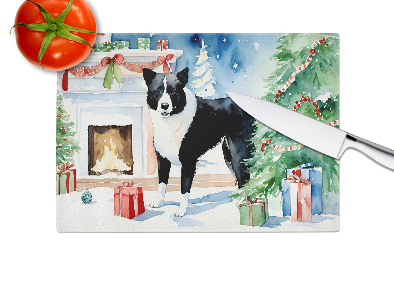 Karelian Bear Dog Cozy Christmas Glass Cutting Board