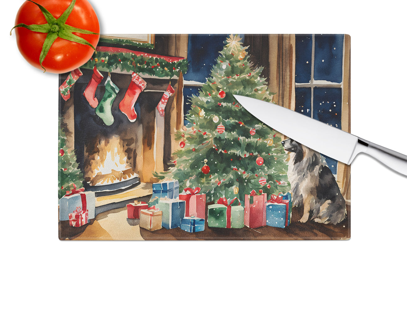 Keeshond Cozy Christmas Glass Cutting Board