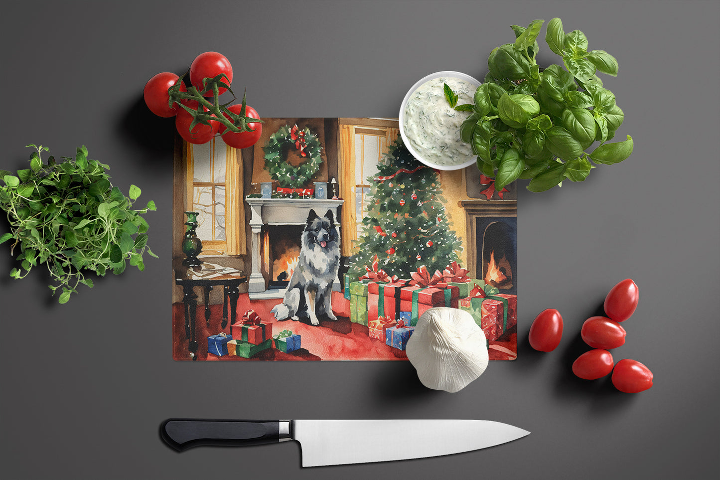 Keeshond Cozy Christmas Glass Cutting Board