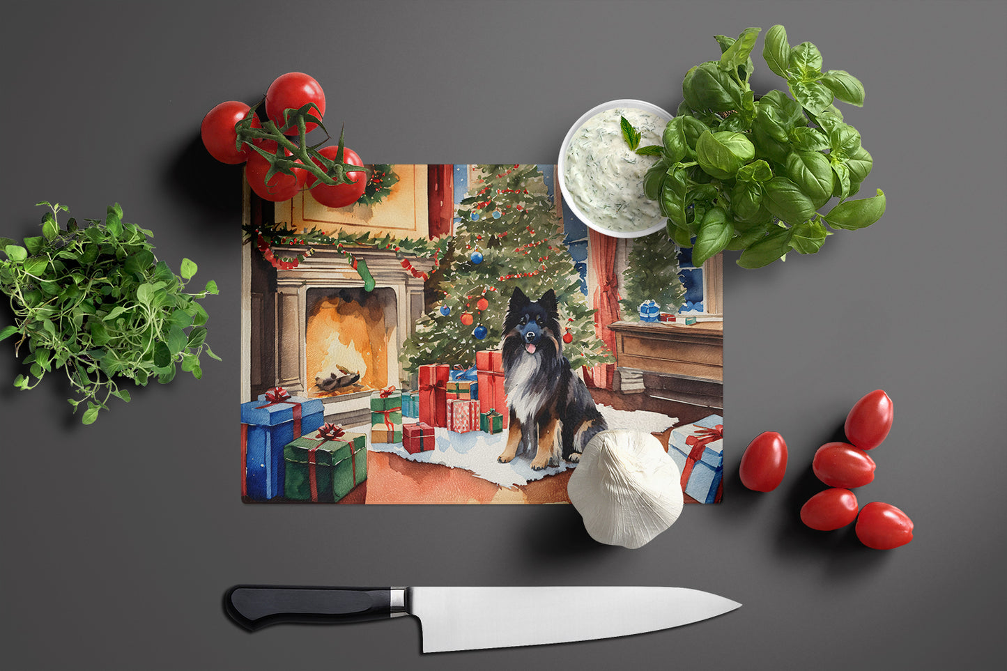 Keeshond Cozy Christmas Glass Cutting Board