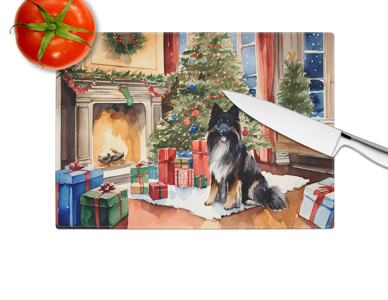 Keeshond Cozy Christmas Glass Cutting Board