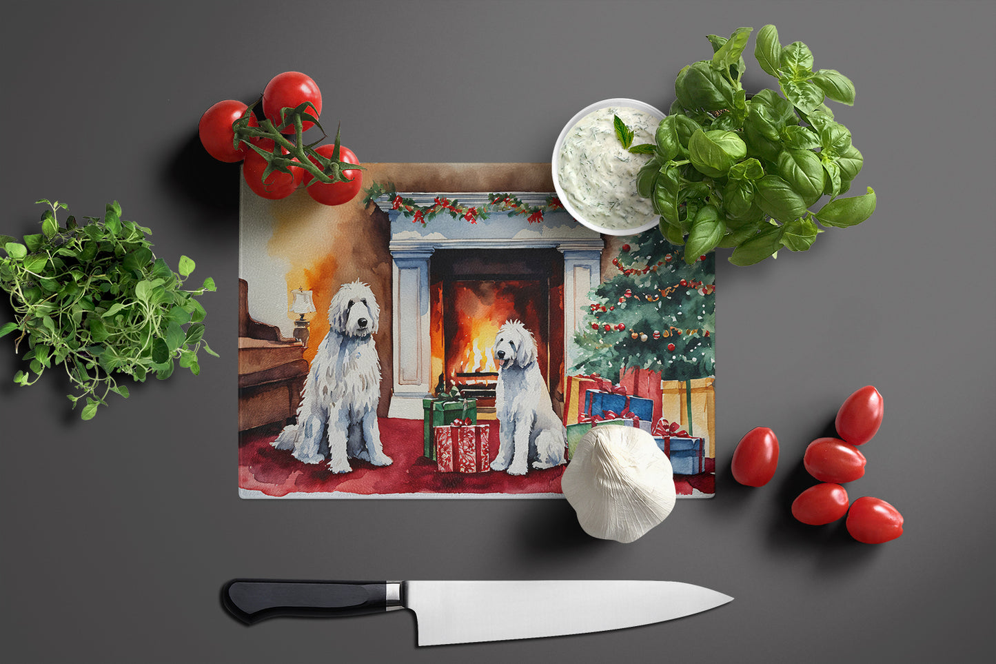 Komondor Cozy Christmas Glass Cutting Board