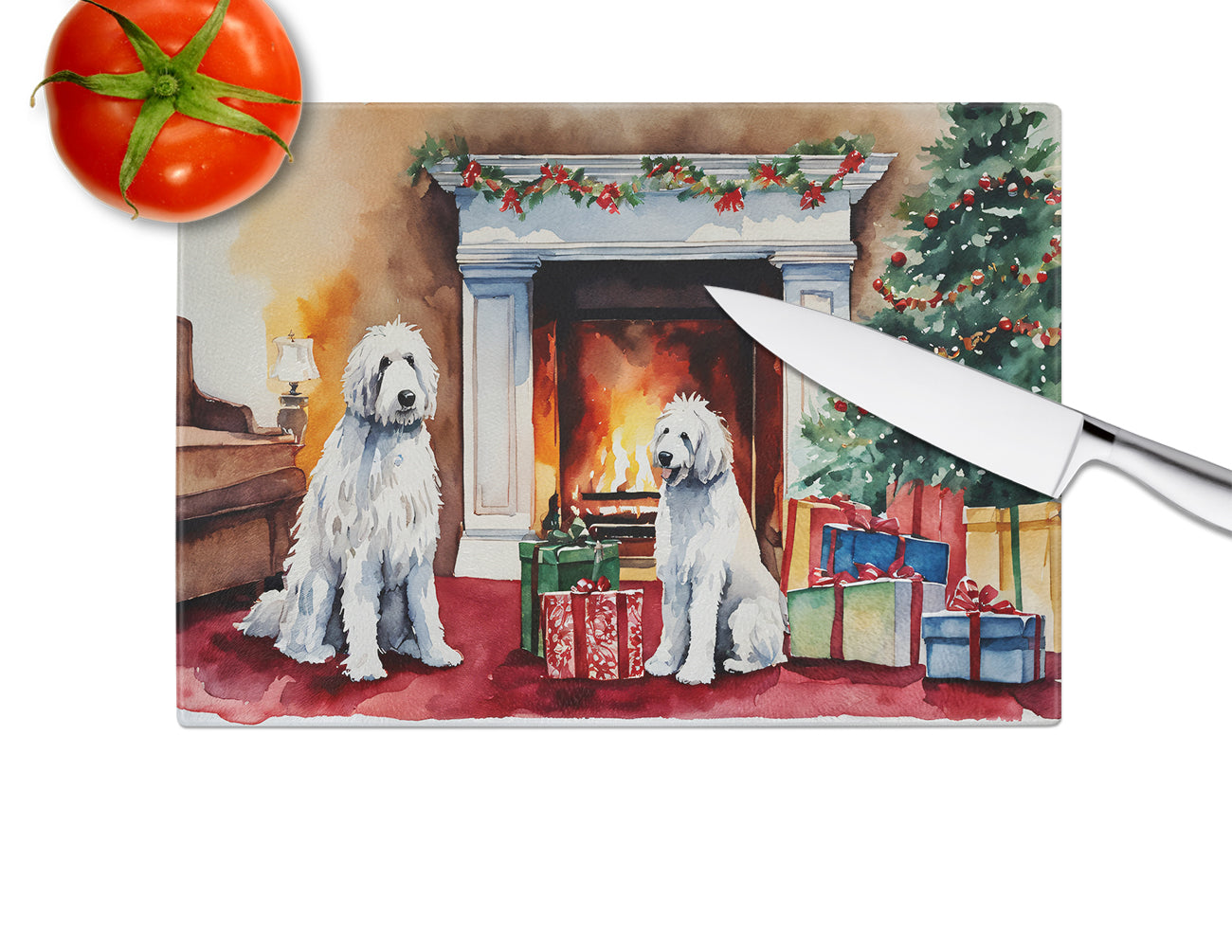 Komondor Cozy Christmas Glass Cutting Board