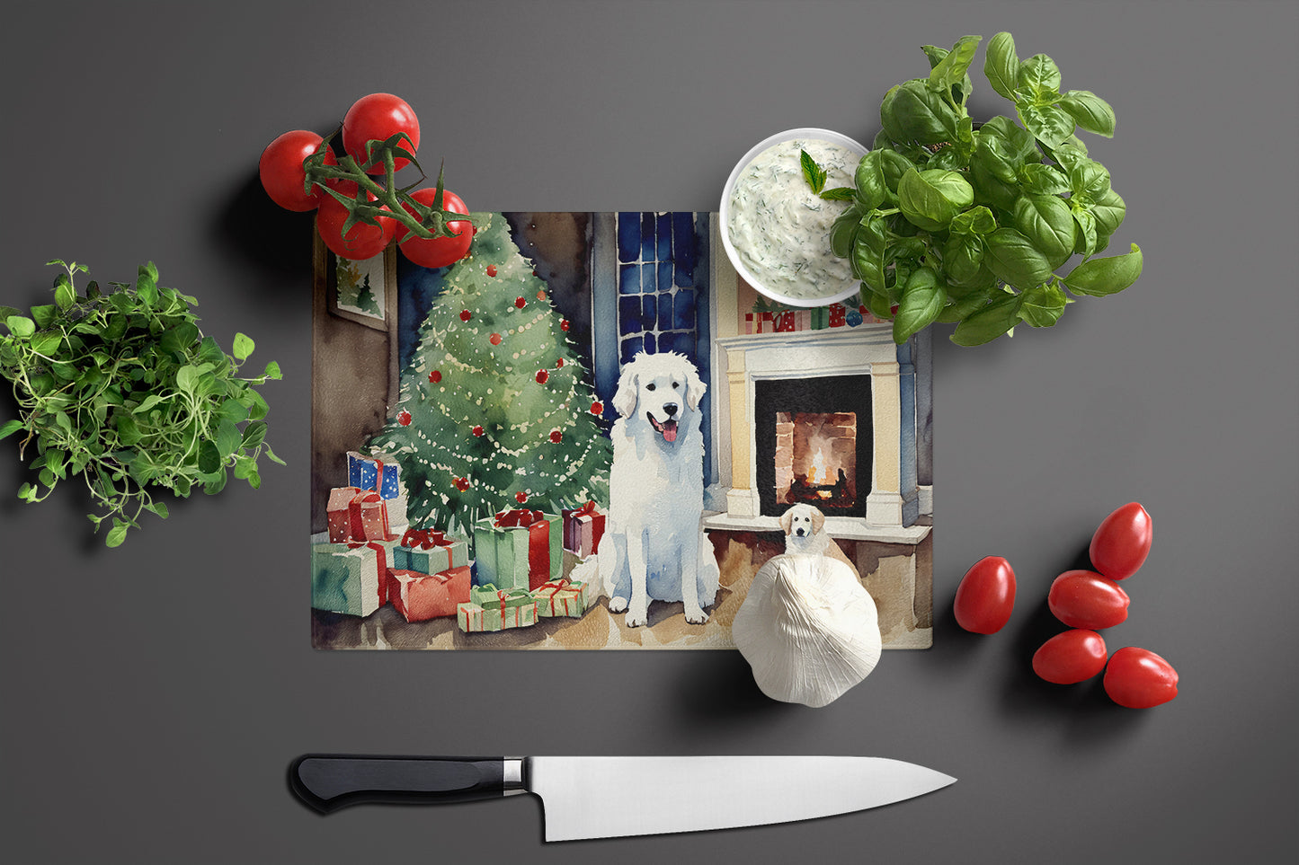 Kuvasz Cozy Christmas Glass Cutting Board